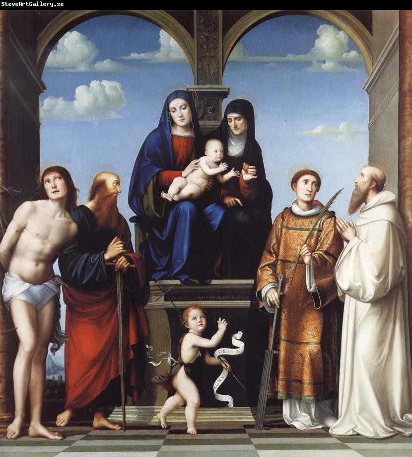 Francesco Francia The Virgin and Child and Saint Anne Enthroned with Saints Sebstian,Paul,John,Lawrence and Benedict